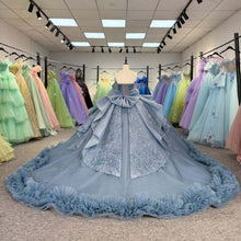 Load image into Gallery viewer, Beautiful A Line Off the Shoulder Grey Blue Ball Gown Quinceanera Dress with Beading Bowknot