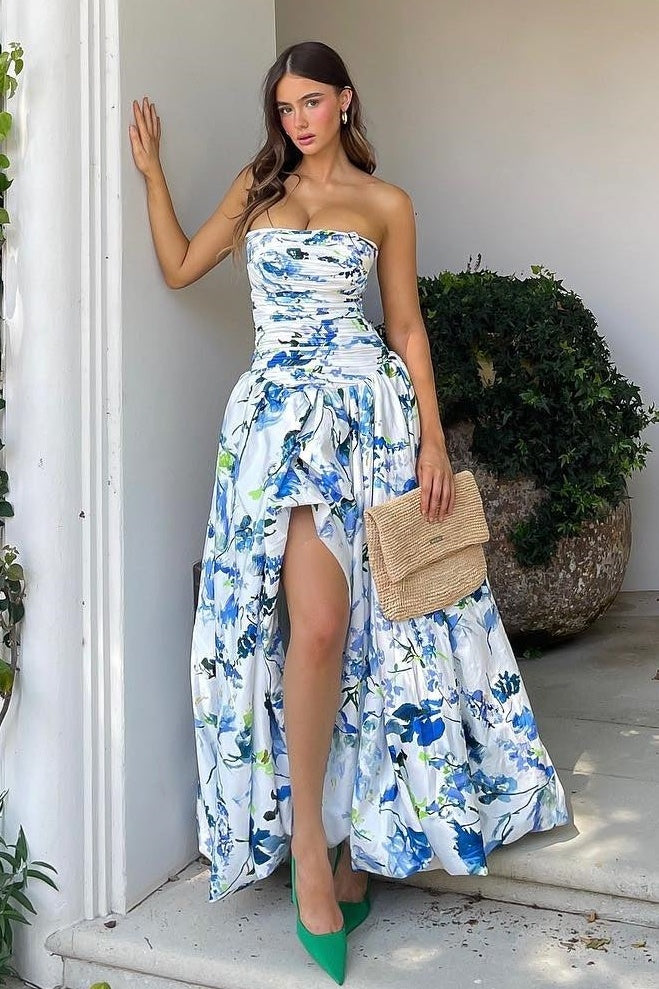 Princess A Line Strapless Blue Printed High-Low Party Dress with Ruffles