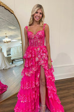 Load image into Gallery viewer, Sparkly Hot Pink A-Line Off The Shoulder Long Tiered Prom Dress With Appliques
