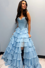 Load image into Gallery viewer, Stunning A-Line Sweetheart Satin Top Long Tiered Chiffon Prom Dress with Slit