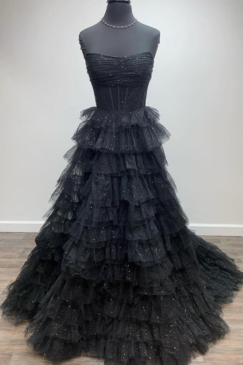 Princess A-Line Halter Neck Sequin Embroidered Tiered Tulle Long Prom Dress Evening Dress main image 1