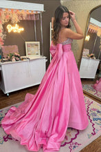 Load image into Gallery viewer, Princess A Line Spaghetti Straps Pink Long Prom Dress with Beading Bowknot