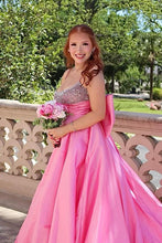Load image into Gallery viewer, Princess A Line Spaghetti Straps Pink Long Prom Dress with Beading Bowknot