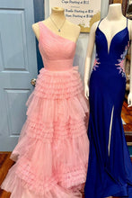 Load image into Gallery viewer, Stylish A Line One Shoulder Pink Long Prom Dress with Ruffles