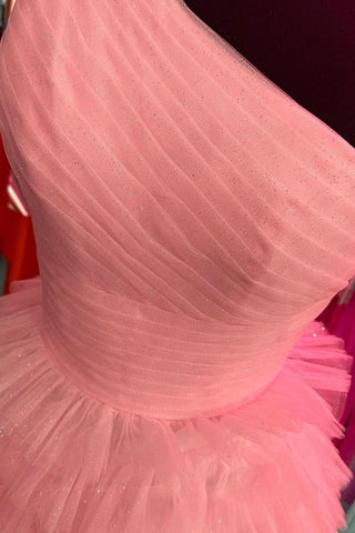 Stylish A Line One Shoulder Pink Long Prom Dress with Ruffles