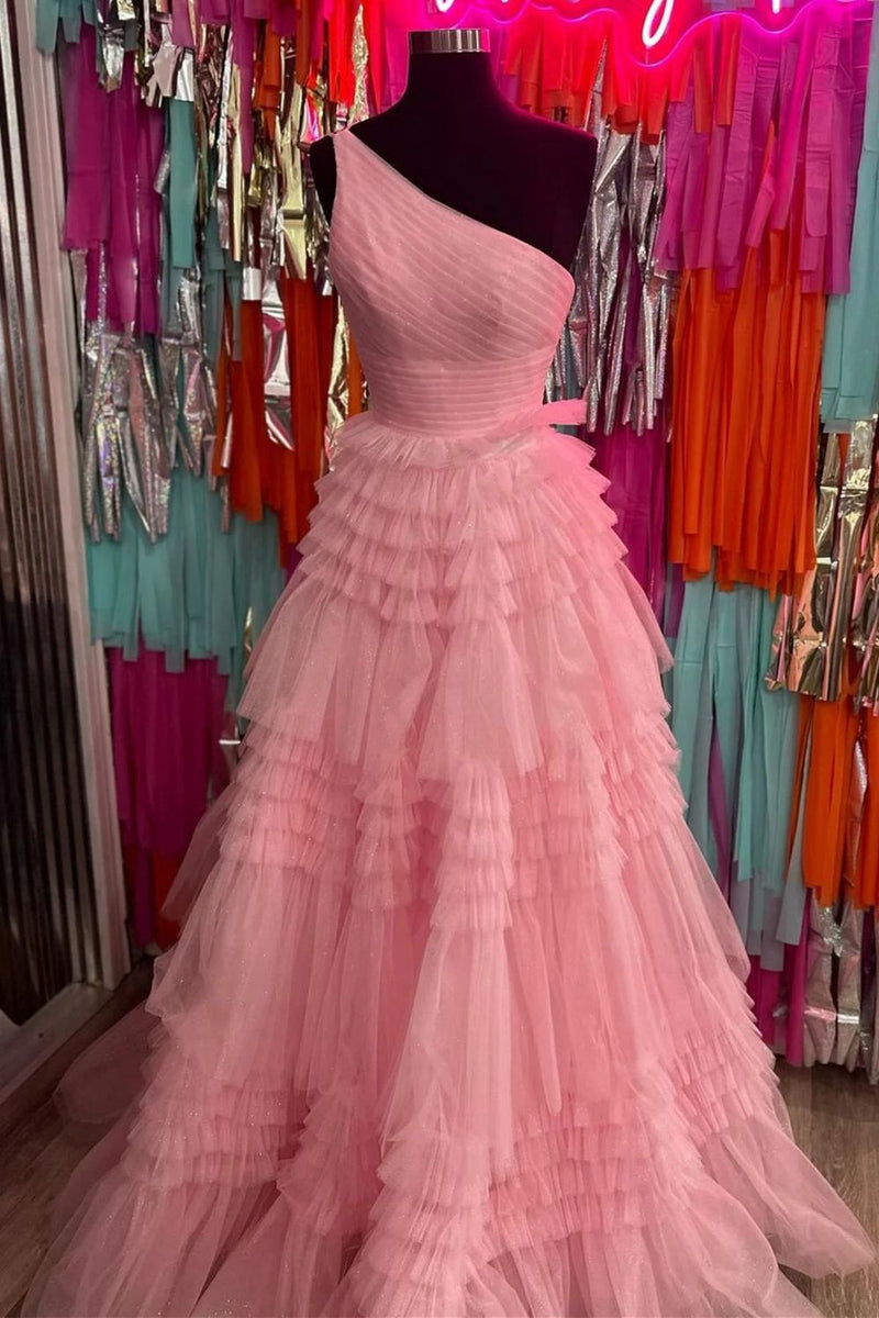 Charming Floor Length One-Shoulder Long Sleeve A-Line Pink Prom Dress with lace main image 0
