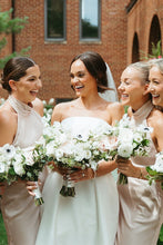 Load image into Gallery viewer, Charming A Line Halter Neck Champagne Tea Length Bridesmaid Dress