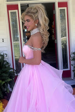 Load image into Gallery viewer, Charming A Line Off the Shoulder Pink Tulle Long Party Dress with Beading