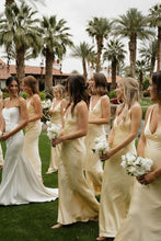 Load image into Gallery viewer, A Line Sheath V Neck Yellow Satin Long Bridesmaid Dress
