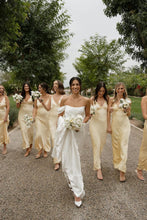 Load image into Gallery viewer, A Line Sheath V Neck Yellow Satin Long Bridesmaid Dress