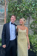 Load image into Gallery viewer, Stylish Sheath Spaghetti Straps Yellow Sequins Long Party Dress