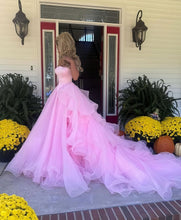 Load image into Gallery viewer, Charming A Line Off the Shoulder Pink Tulle Long Party Dress with Beading