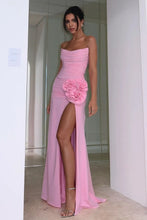 Load image into Gallery viewer, Hot Mermaid Strapless Pink Long Prom Dress with 3D Flowers Split Front