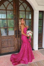 Load image into Gallery viewer, Shiny Light Blue Mermaid Spaghetti Straps Long Beaded Prom Dress