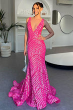 Load image into Gallery viewer, Sparkly Mermaid Deep V Neck Orange Sequins Long Prom Dress with Backless