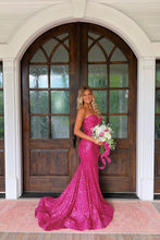 Load image into Gallery viewer, Shiny Light Blue Mermaid Spaghetti Straps Long Beaded Prom Dress