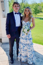 Load image into Gallery viewer, A Line Spaghetti Straps Blue Printed Long Party Dress with Ruffles