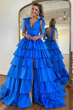 Load image into Gallery viewer, Cute Pink Princess A Line Deep V-Neck Long Tiered Prom Dress With Split