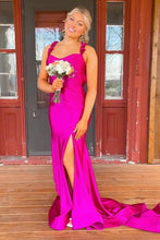 Load image into Gallery viewer, Red Mermaid Straps Keyhole Back Long Satin Prom Dress With Slit