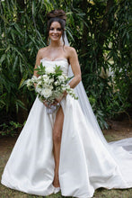 Load image into Gallery viewer, Elegant A Line Strapless White Sating Long Wedding Dress with Split Front