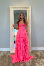 Load image into Gallery viewer, Sweety A-Line Sweetheart Pink Printed Long Tiered Prom Dress with Slit