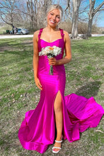 Load image into Gallery viewer, Red Mermaid Straps Keyhole Back Long Satin Prom Dress With Slit