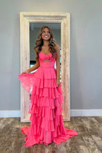 Load image into Gallery viewer, Sweety A-Line Sweetheart Pink Printed Long Tiered Prom Dress with Slit