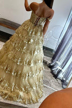 Load image into Gallery viewer, Princess A Line Off the Shoulder Golden Long Prom Dress with Ruffles