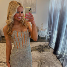 Load image into Gallery viewer, Bling Sheath Strapless Silver Sequins Short Homecoming Dress with Beading