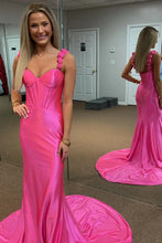 Load image into Gallery viewer, Red Mermaid Straps Keyhole Back Long Satin Prom Dress With Slit