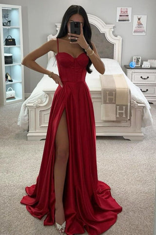 Chic A-Line Spaghetti Straps Long Satin Prom Party Dress With High Slit