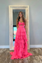 Load image into Gallery viewer, Sweety A-Line Sweetheart Pink Printed Long Tiered Prom Dress with Slit