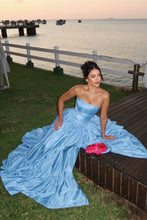 Load image into Gallery viewer, Charming A Line Strapless Blue Satin Long Prom Dress with Split Front