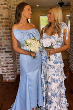 Load image into Gallery viewer, A Line Spaghetti Straps Blue Printed Long Party Dress with Ruffles