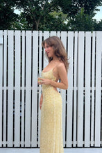 Load image into Gallery viewer, Stylish Sheath Spaghetti Straps Yellow Sequins Long Party Dress