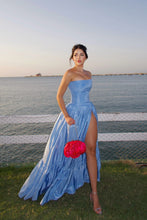Load image into Gallery viewer, Charming A Line Strapless Blue Satin Long Prom Dress with Split Front