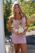Load image into Gallery viewer, Shine Bodycon Spaghetti Straps Pink Short Homecoming Dress with Beading