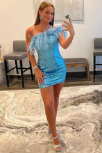 Load image into Gallery viewer, Glitter One-Shoulder Sequins Homecoming Dress With Feather