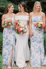 Load image into Gallery viewer, Gorgeous Spaghetti Straps Blue Floral Printed Long Bridesmaid Dress with Split Front