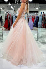Load image into Gallery viewer, Charming A Line V Neck Blush Long Prom Dress with Appliques