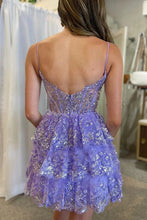 Load image into Gallery viewer, A Line Lilac Short Graduation Dress Spaghetti Straps Homecoming Dress with Lace Ruffles