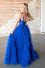 Load image into Gallery viewer, Gorgeous A Line V Neck Fuchsia/Royal Blue Long Prom Dress with Appliques