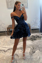Load image into Gallery viewer, A Line Fchsia Homecoming Dress Seeing Sparkles Off the Shoulder Graduation Dress with Ruffles