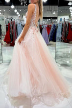Load image into Gallery viewer, Charming A Line V Neck Blush Long Prom Dress with Appliques