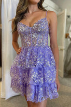 Load image into Gallery viewer, A Line Lilac Short Graduation Dress Spaghetti Straps Homecoming Dress with Lace Ruffles