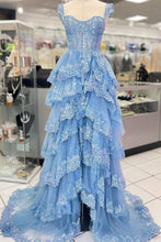 Load image into Gallery viewer, Princess A Line Sweetheart Blue Corset Prom Dress with Lace Ruffles