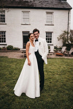 Load image into Gallery viewer, Charming A Line Square Neck White Long Wedding Dress with Button UP