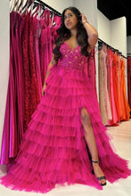 Load image into Gallery viewer, Gorgeous A Line V Neck Fuchsia/Royal Blue Long Prom Dress with Appliques