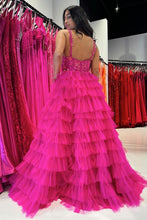Load image into Gallery viewer, Gorgeous A Line V Neck Fuchsia/Royal Blue Long Prom Dress with Appliques
