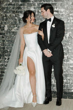 Load image into Gallery viewer, Elegant A Line Strapless White Long Bridal Dress with Split Front